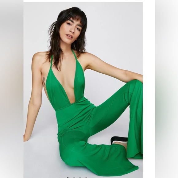 PrettyLittleThing Plunge Halter Neck Wide Leg Green Stripe Jumpsuit US 10 - Picture 2 of 10